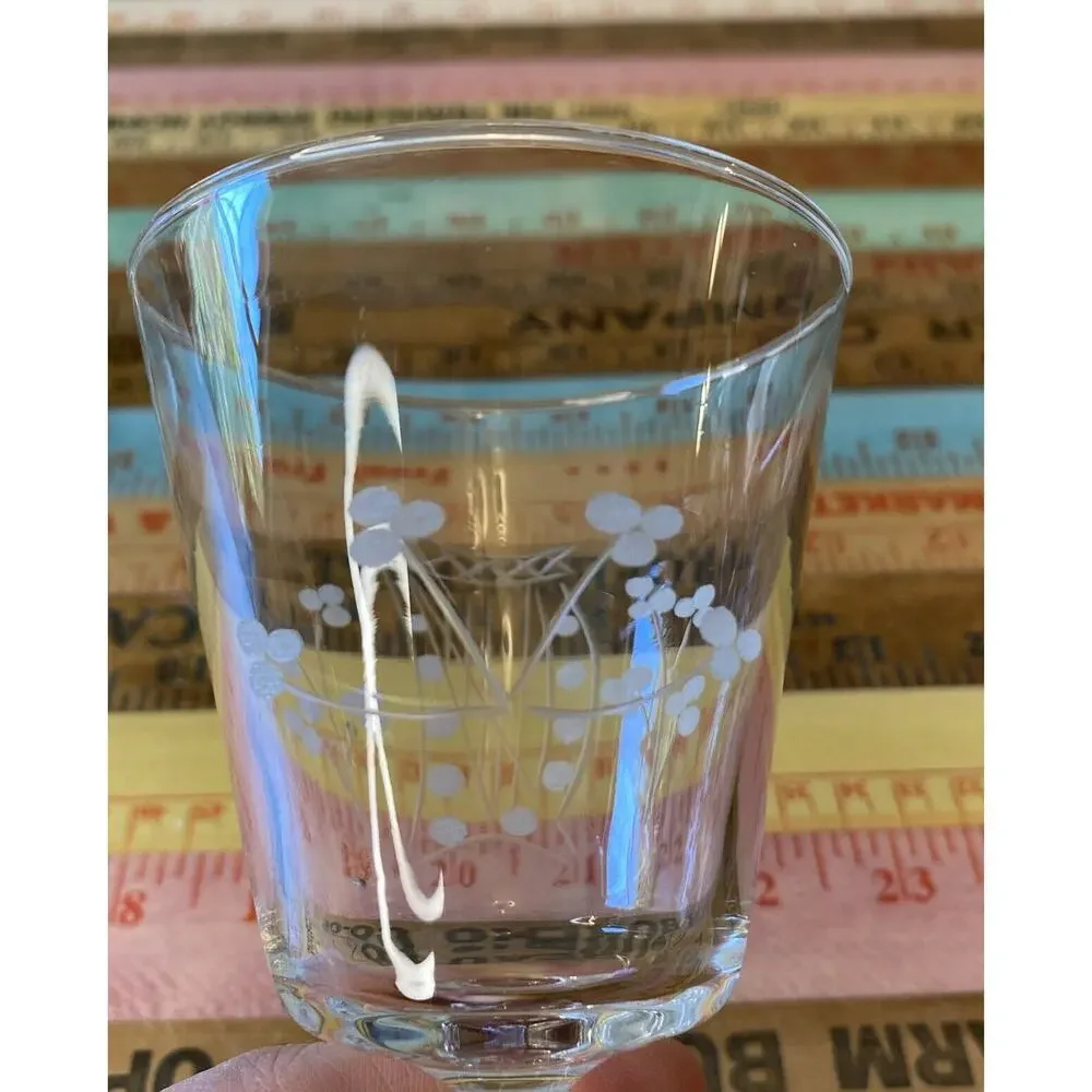 Vintage Etched Harp Design Crystal Wine Glass Stemmed Set of 2 Mid Century 5
